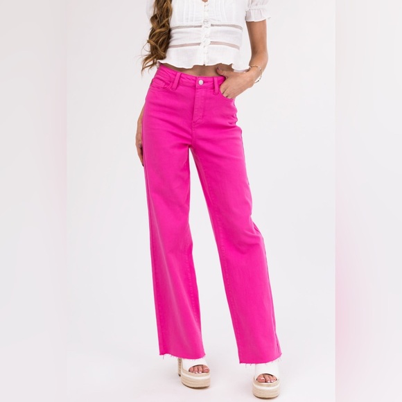 Judy Blue Denim - Judy Blue Magenta 90’s Straight Leg Jeans Raw Hem Size 7/28 Heart Pocket